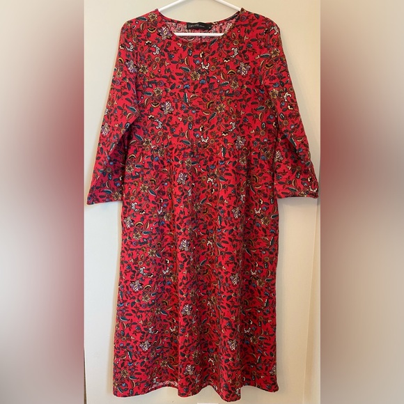 Zanzea MIDI Red Floral Pull Over Dress 3/4 Sleeves Size Medium Cottagecore - Picture 2 of 9